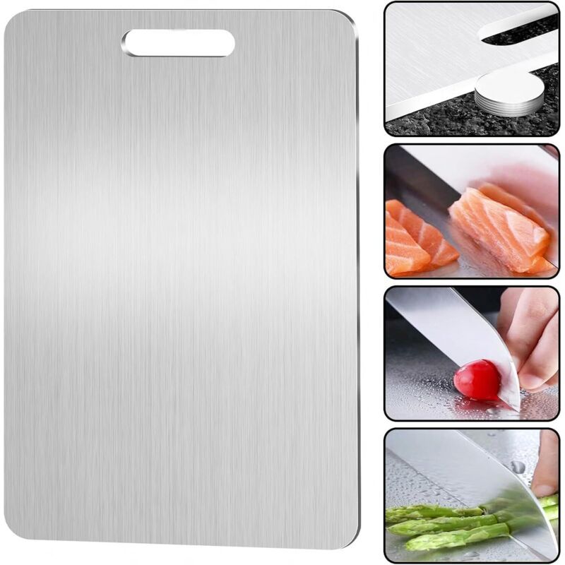 0 - Schneidebrett Aus Titan - Beidseitig Aus Edelstahl - Bpa-frei - Zum Kochen, Für Fleisch, Brot, Gemüse Und Obst (34 X 23 Cm)