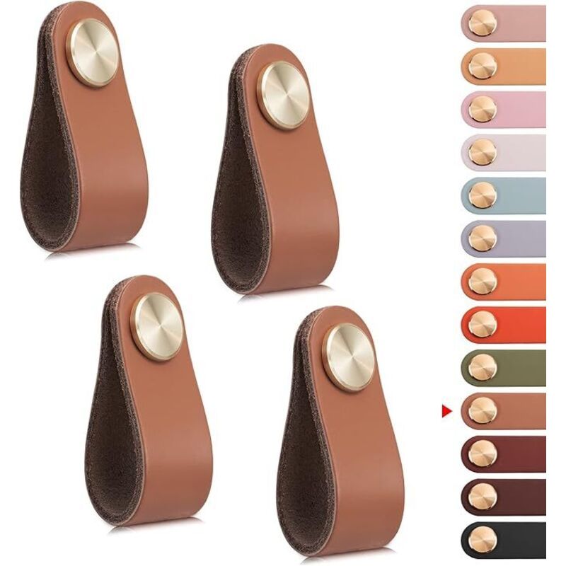 Set Mit 4 Ledergriffen Für Möbel, Schranktüren, Schubladen, Vintage-möbelgriffe Für Kleiderschränke, Kommoden, Küchen, Badezimmer (karamellbraun)