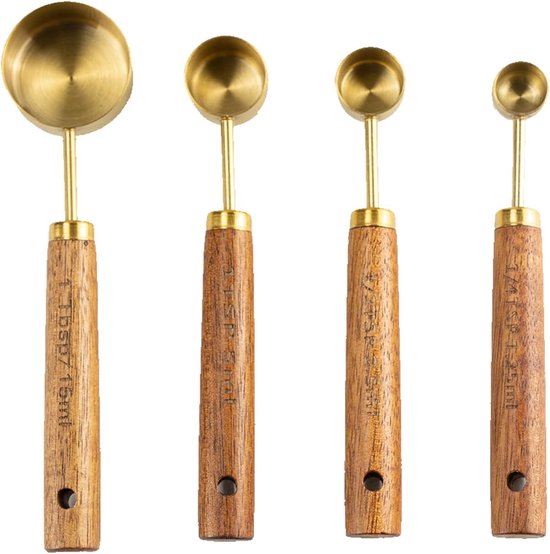 4 Teiliges Messlöffel Set Goldfarbene Edelstahl Messlöffel Mit Holzgriff Für Flüssigkeiten Und Trockene Zutaten Kochen Und Backen