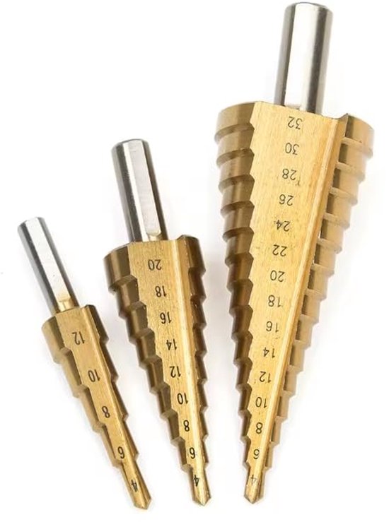 Set Aus Drei Stufenbohrern, Konische Bohrer Aus Titanbeschichtetem Schnellarbeitsstahl, Zum Bohren Von Löchern In Kunststoff, Holz, Blech Und Alu