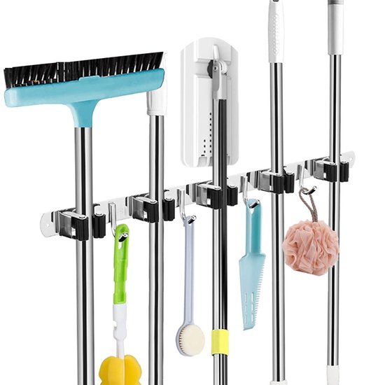 Mopphalter, Wandbesenhalter, 5 Halterungen, 4 Haken, Bohrfreie Wandbesenhalterung, Silberfarben.