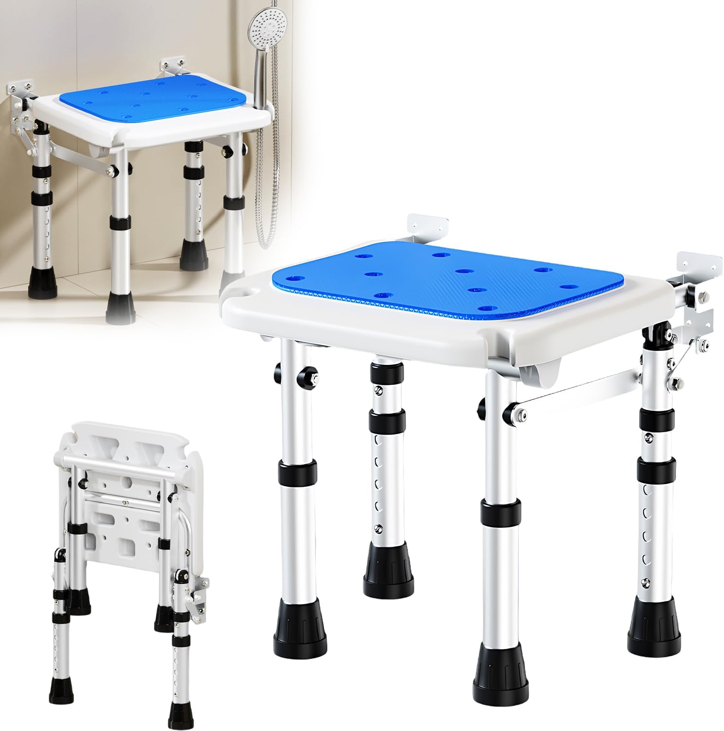 Folding Shower Seat, Wall Mounted, Height-adjustable Aluminium Alloy Shower Chair With 4 Non-slip Support Legs, Non-slip Cushion And Shower Head Holder, For Seniors, Disabled And Pregnant Women