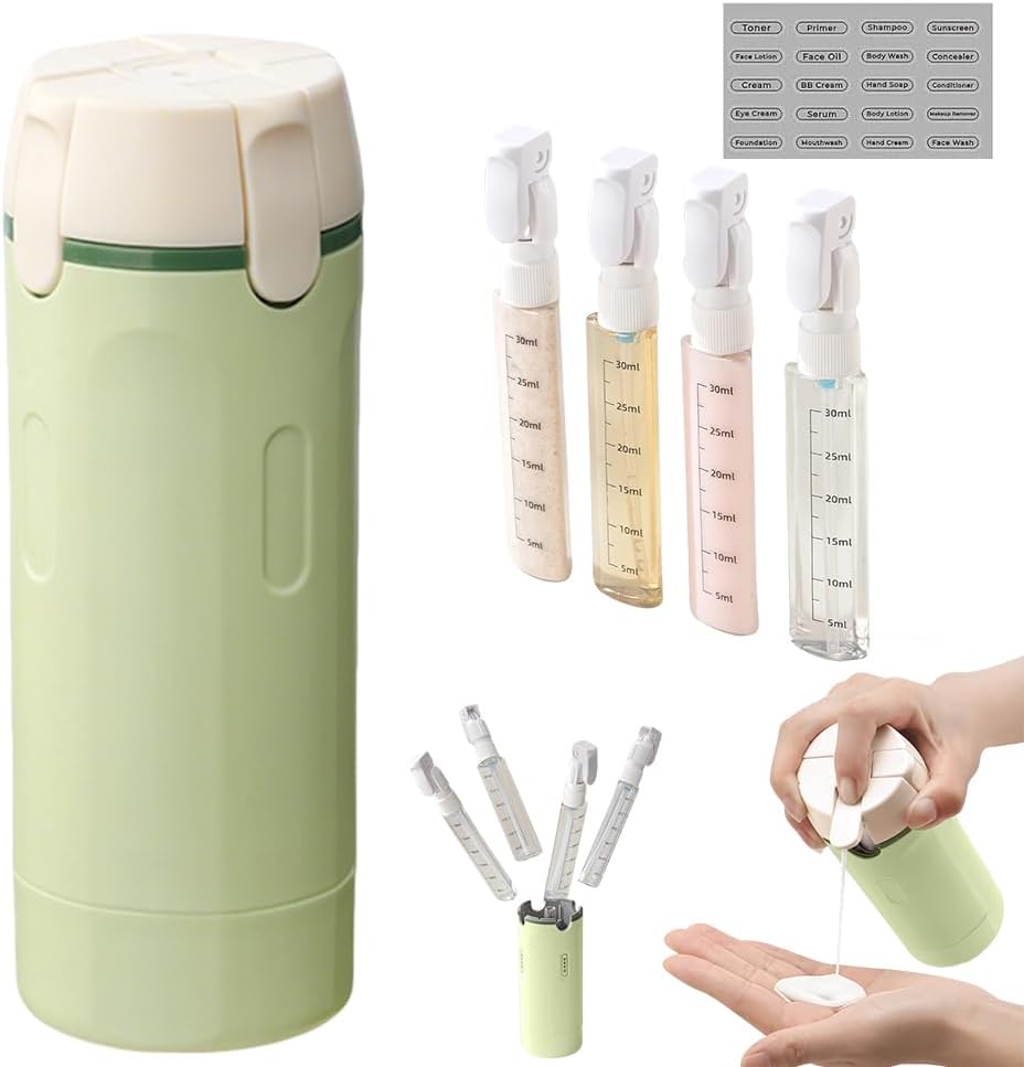 Reiseflaschen-set, 4 X 30 Ml Reisebehälter, Nachfüllbares Reiseset Mit Skala Und Etiketten, Auslaufsicher Für Shampoo, Lotion Und Spülung, Grün