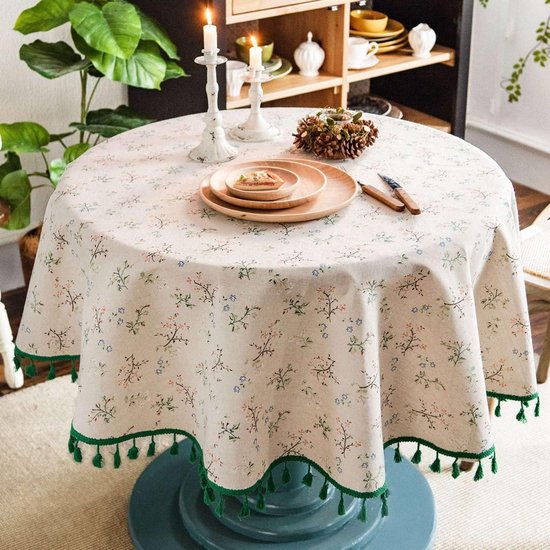 Runde Tischdecke Bedruckte Quasten Dekorative Tischdecke Für Esstische, Wohnzimmer Und Picknicks (beige) Baumwollleinen (150 Cm)