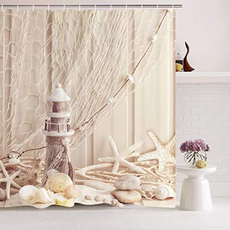Duschvorhang Aus Stoff Mit Ringen – 120 X 180 Cm – Muschelmuster – Digitaldruck – Polyester – Schimmelresistent – Beige