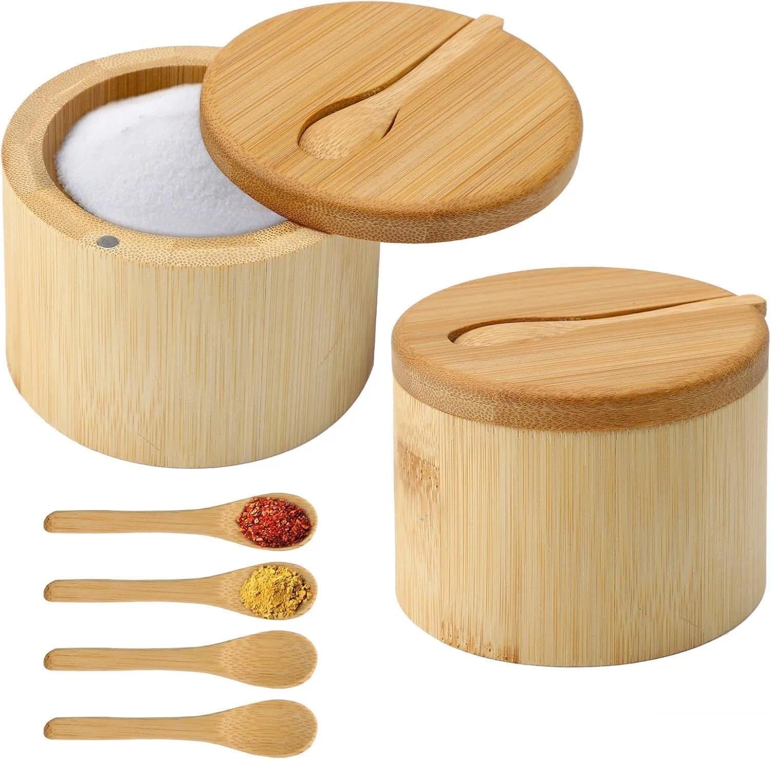 Set Mit 2 Bambus-salzdosen À 170 Ml Mit Magnetischem Schwingdeckel Und Löffel – Runde Aufbewahrungsbox Für Salz, Gewürze, Pfeffer Und Kräuter
