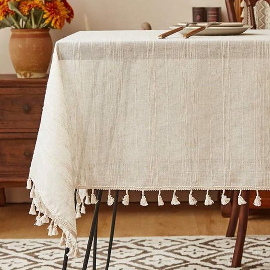 Rechteckige Tischdecke Tischdecke Tischdecke Mit Quasten Klassische Europäische Tischdecke Esszimmertischdecke Beige 300 × 140 Cm Polyester