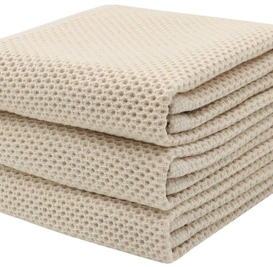 3er Set Küchentücher, 100 % Baumwolle, Waffelstruktur, Weich, Saugfähig Und Schnelltrocknend, 30 X 30 Cm, Beige 33 X 33 Cm