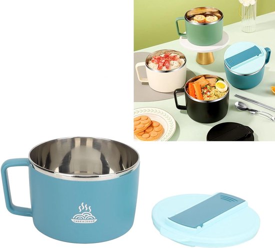 E-ambar – Nudelschüssel Mit Essstäbchen Und Spork, 1200 Ml – Ramen-kochschüssel – Pastaschüssel Aus Edelstahl – Deckel – Büro – Blau