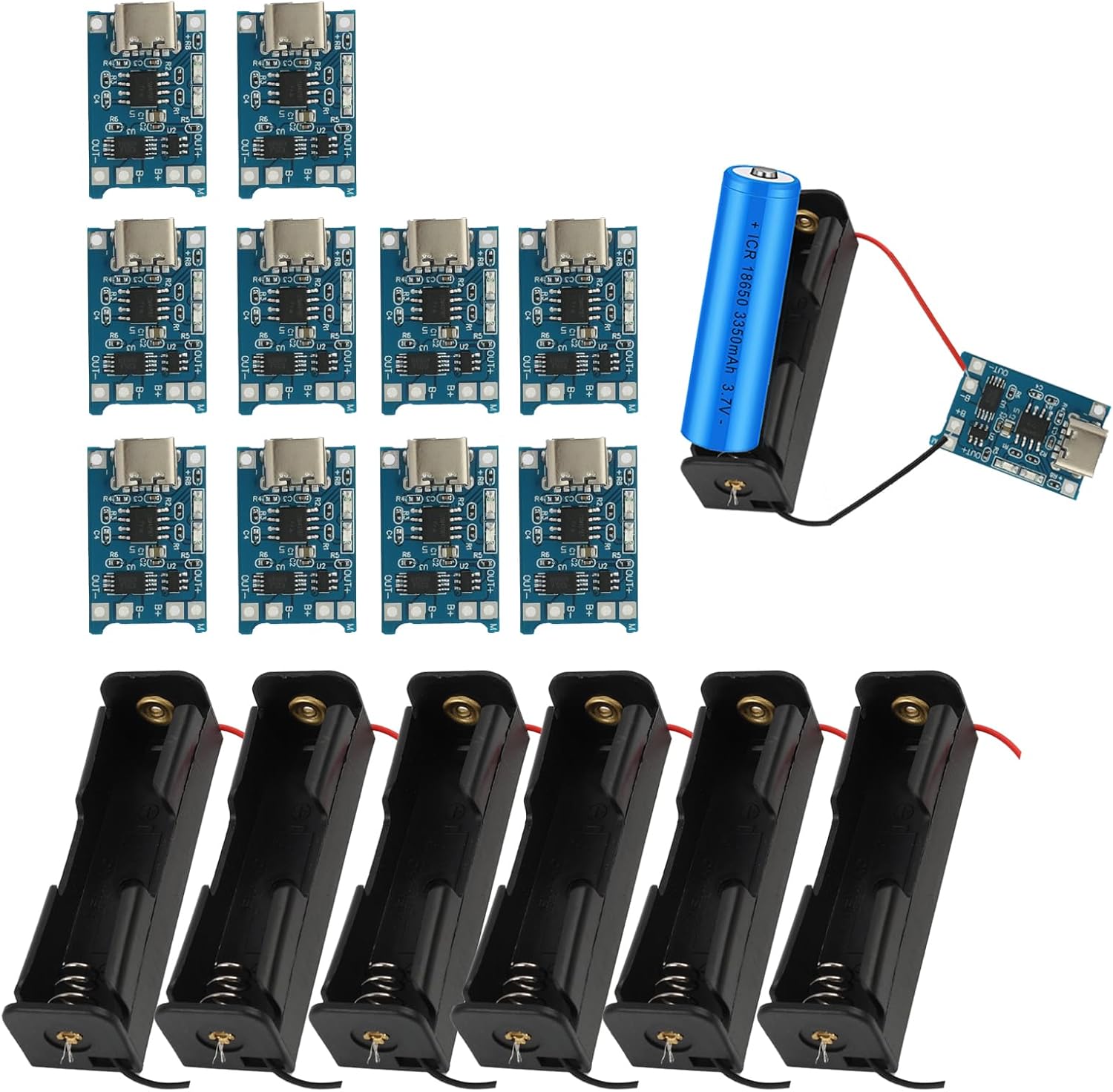 10 Stück Usb-typ-c 5v 1a Lithium-akkuladegeräte, 6er-pack 3,7v-akkuhalter Mit Kabeln, Lademodul, Doppelte Schutzfunktionen (10 Stück Usb-typ-c + 3,7v-akkuhalter)