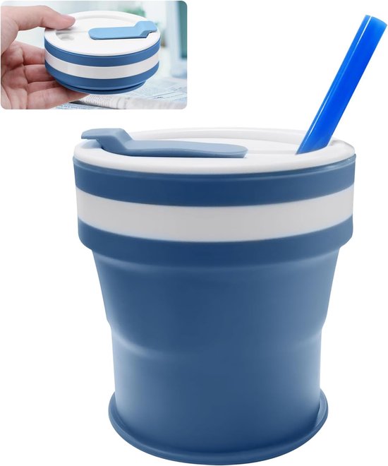 Faltbarer Kaffeebecher – Reisebecher Mit Strohhalm – Kaffee Für Unterwegs – Leicht Und Auslaufsicher – 350 Ml Fassungsvermögen – Blau