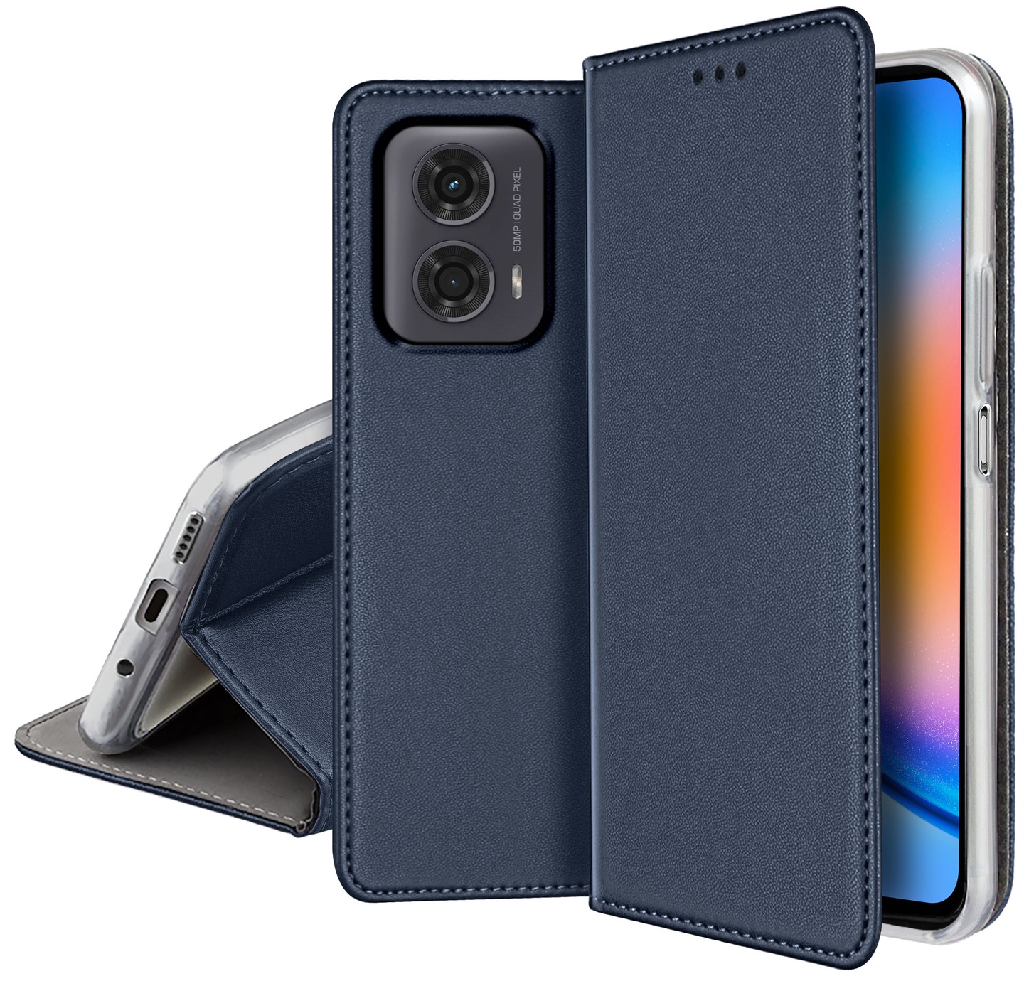 Schutzhülle Für Motorola Moto G24/g04 Smart Magnetic Book Case Marineblau + Glas