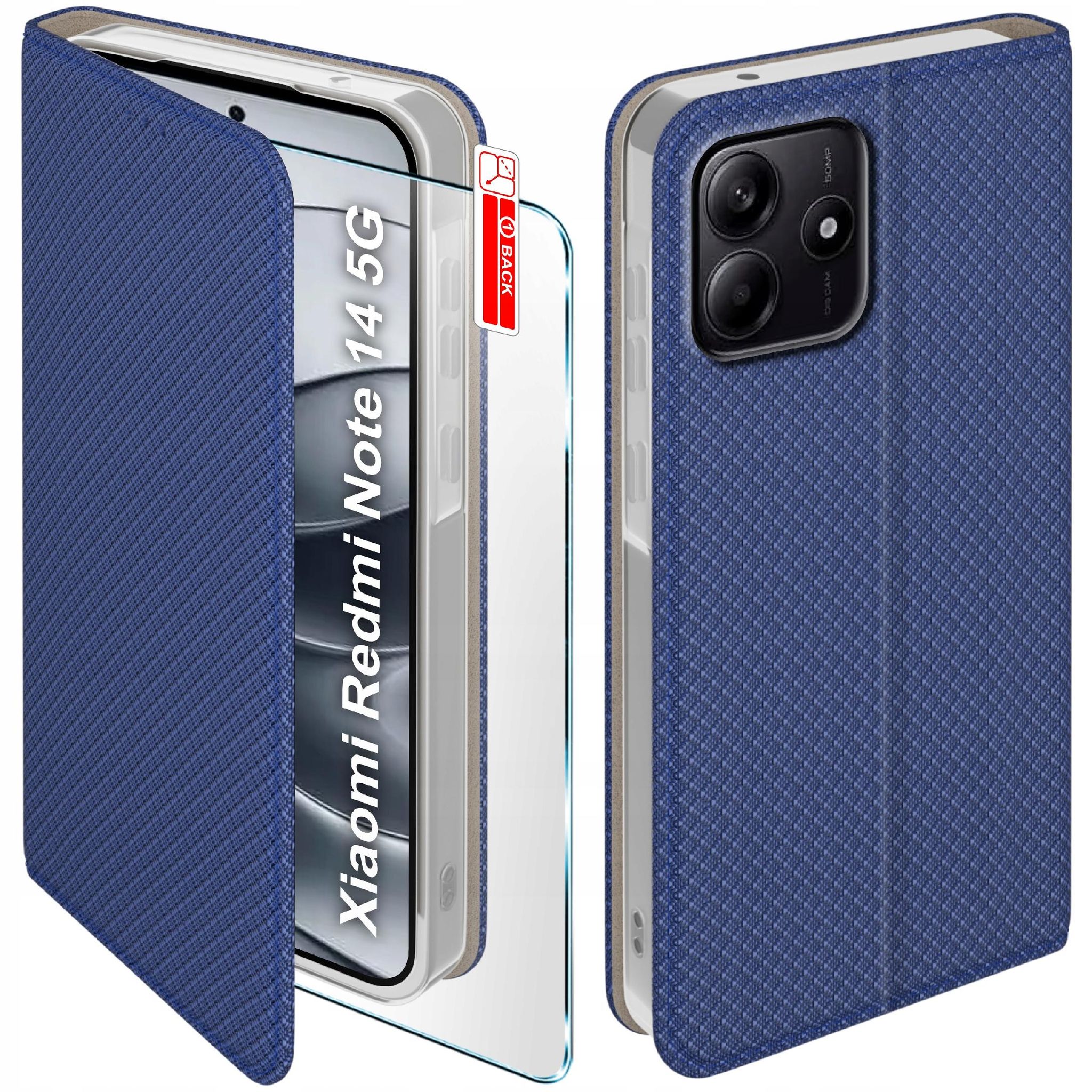 Schutzhülle Für Xiaomi Redmi Note 14 5g Smart Magnetic Book Closed, Marineblau + Glas