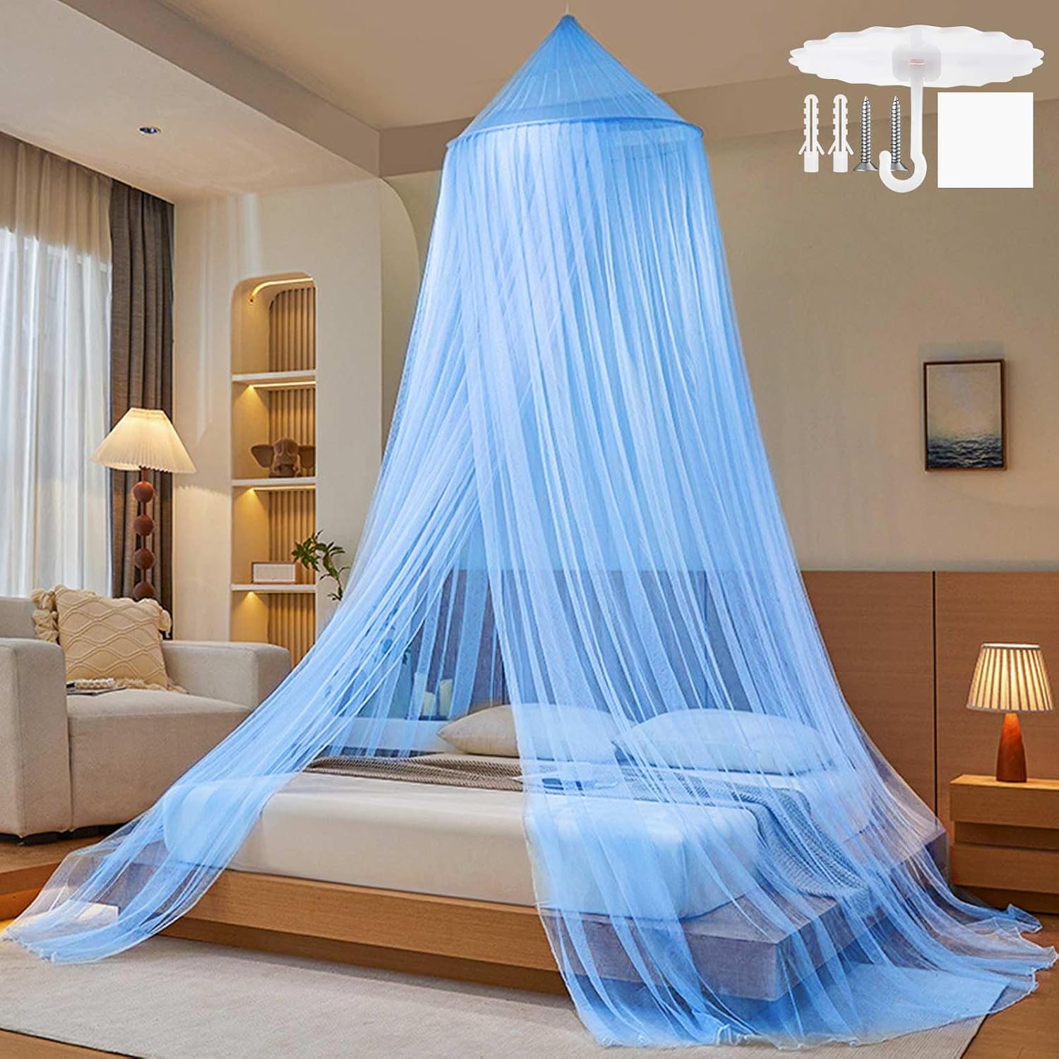 Bett-moskitonetz, Blauer Betthimmel, Großes Polyester-kuppel-moskitonetz Für Doppel- Und Einzelbetten, Feinmaschiger Baldachin Mit Selbstklebenden Schraubhaken Für Reisen Und Garten, 60 X 250 X 1100 C