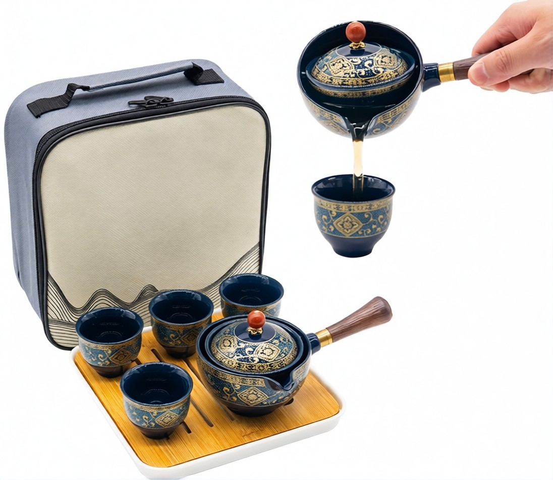 Chinesisches Gongfu-porzellan-teeset, Tragbare Teekanne Mit 360° Drehbarem Teesieb, All-in-one-geschenktasche Für Reisen, Geschenke, Zuhause, Outdoor-aktivitäten Und Büro (blumenblau)