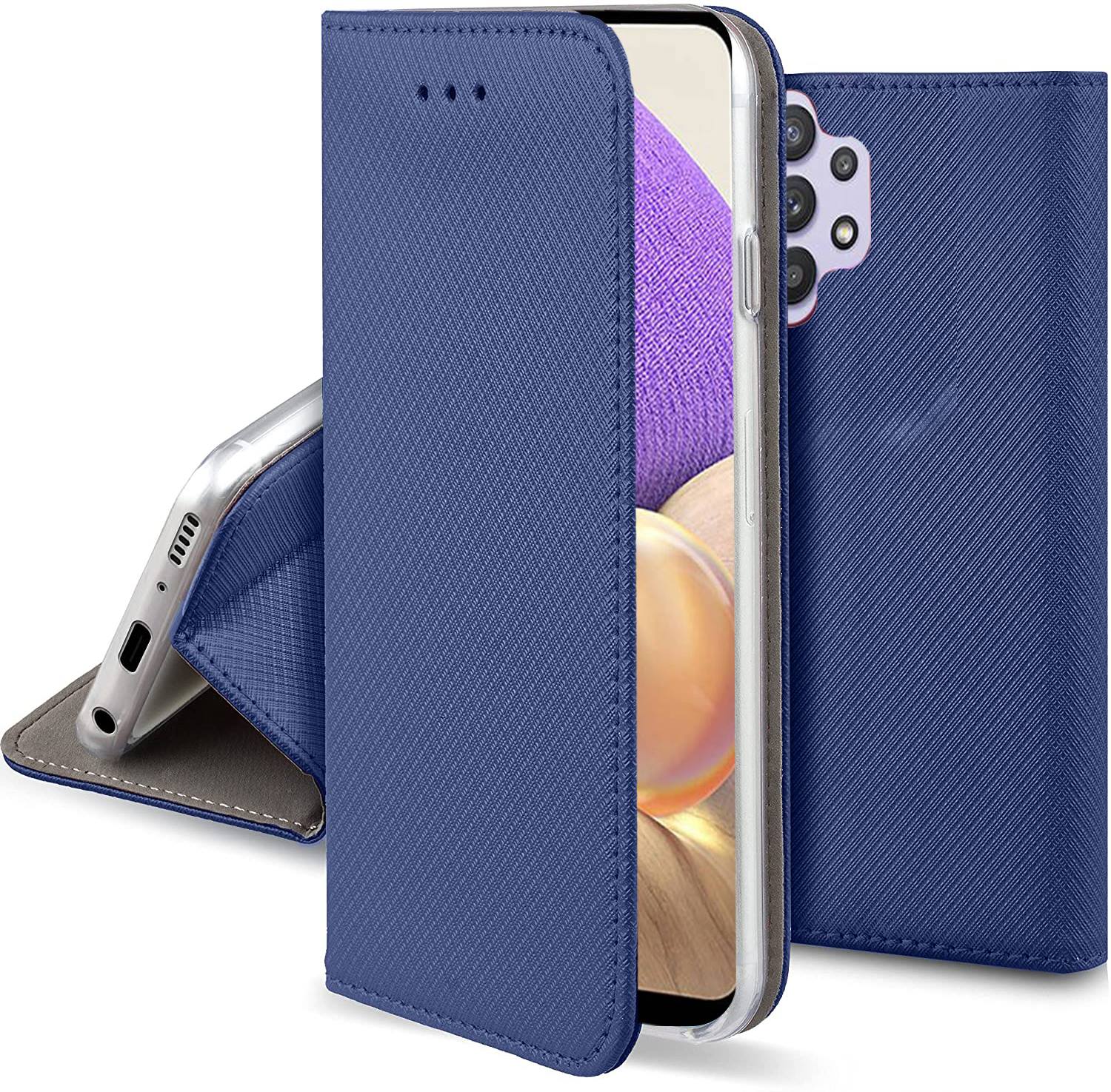 Hülle Für Samsung Galaxy A32 5g Smart Magnet, Geschlossenes Buch, Marineblau + Glas