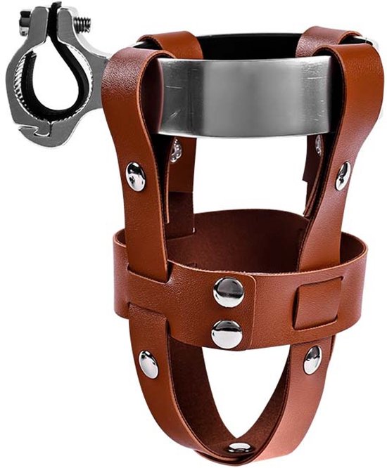 Brauner Fahrradbecherhalter Aus Kunstleder Mit Metallinnenring Und Verstellbarer Klemmbefestigung, Universelle Montage An Fahrrad Und Motorradlen