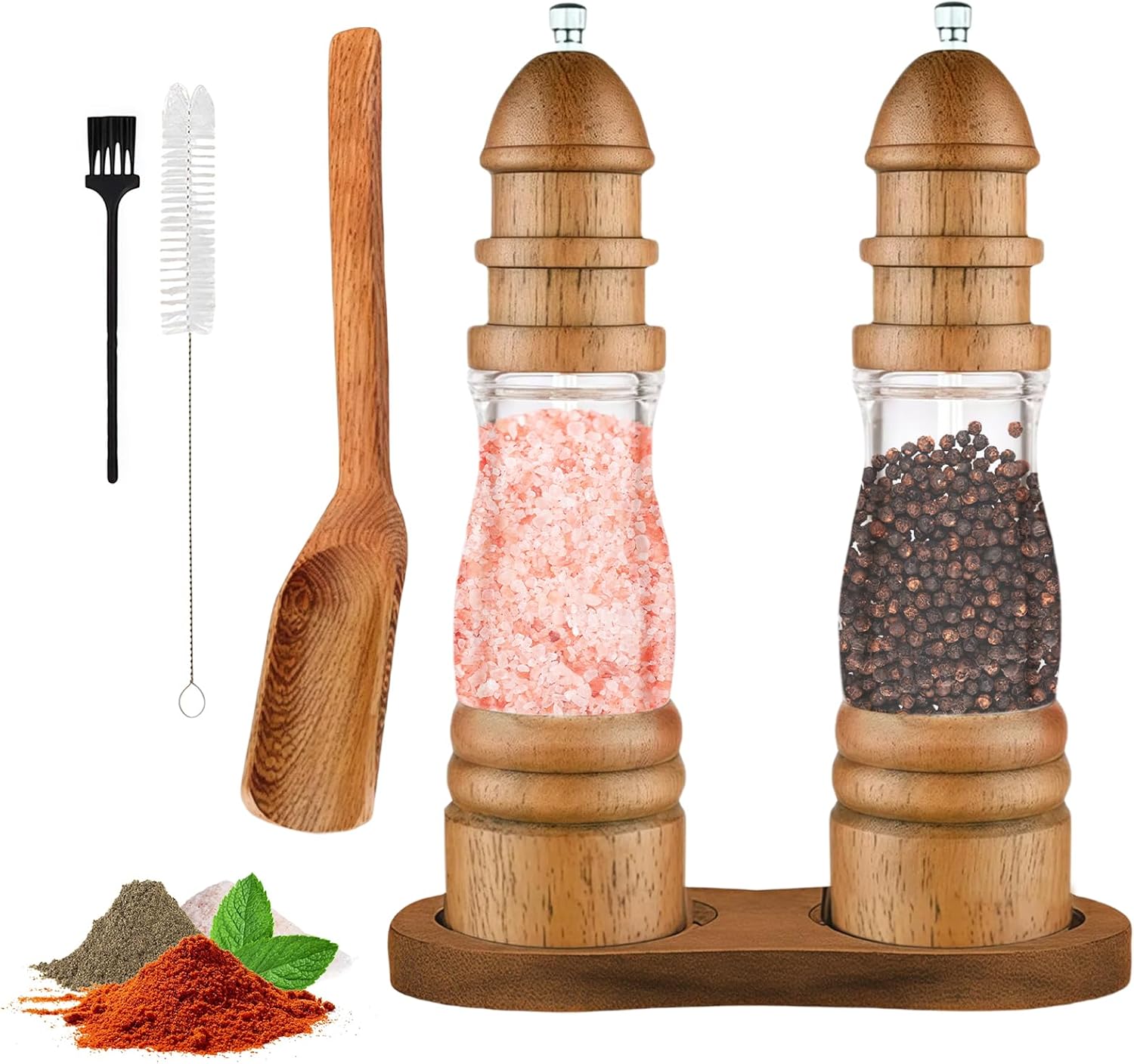 2-teilige Pfeffermühle Aus Holz, Manuelle Salz- Und Pfeffermühle, Verstellbare Gewürzmühle Aus Keramik Mit Sichtfenster, Zum Mahlen Von Gewürzen, Kreuzkümmel, Sesam, Paprika (22,5 Cm)