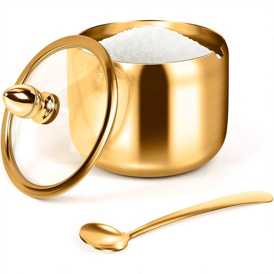 Japanisches Gewürzglas, Zuckerdose, Salz- Und Gewürzdose Aus Edelstahl Mit Deckel Und Löffel – Gold