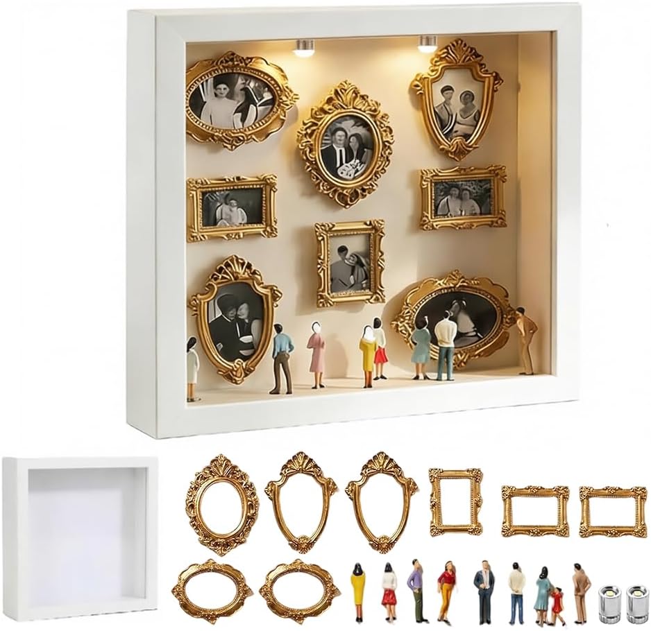 Diy Mini Museum Silhouette Box, Diy Mini Museum Picture Frame With Light, Mini Picture Frame Set Vintage With 8 Mini Golden Frames & 8 Random Figures, Photo Storage Picture Frame For Anniversary