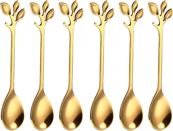 6er-set Goldene Dessertlöffel Mit Blattdekor – Luxuriöse Edelstahllöffel Für Eiscreme, Kaffee Und Tee