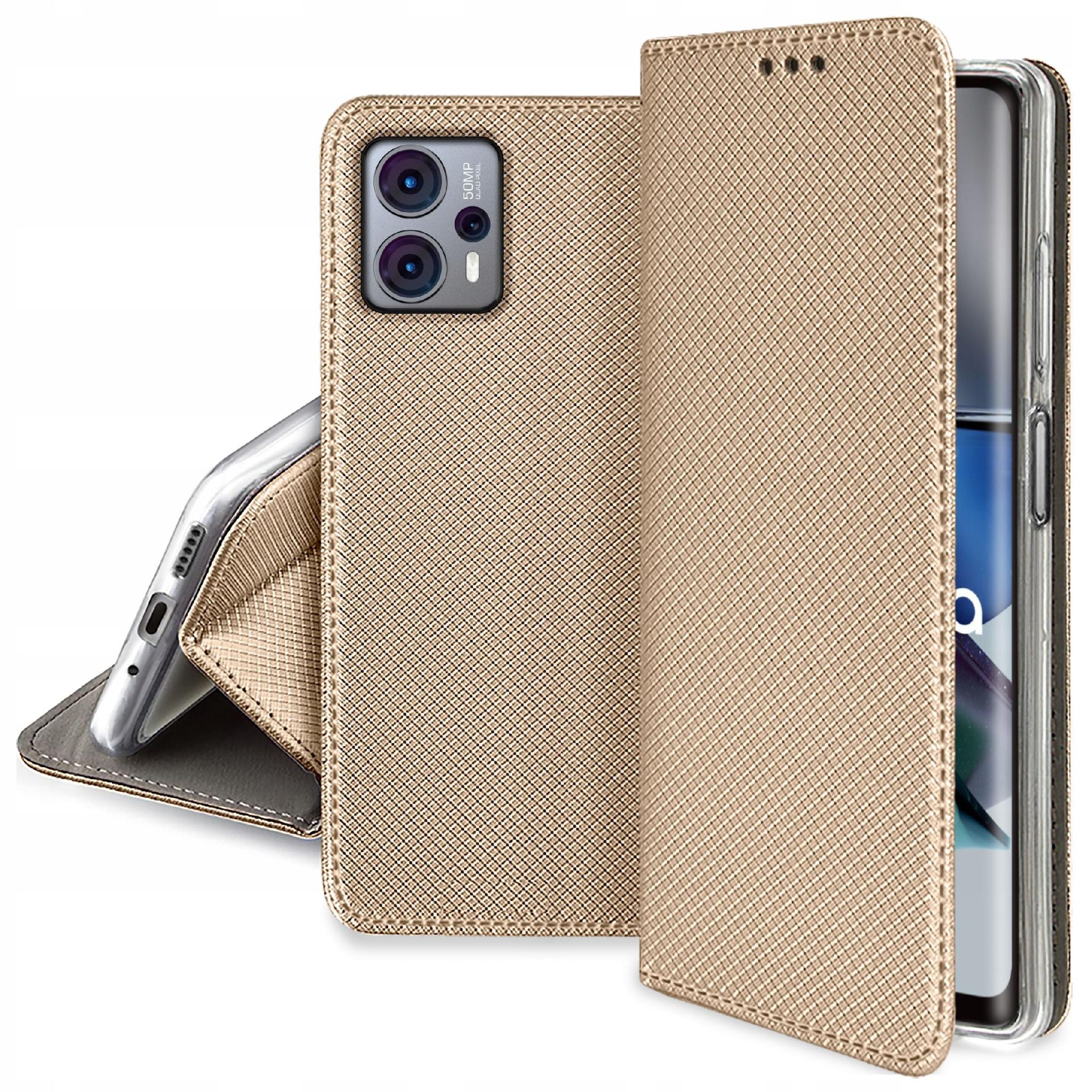 Geschlossene Hülle Mit Klappe, Gold, Für Motorola Moto G53 Smart Magnet + Glas