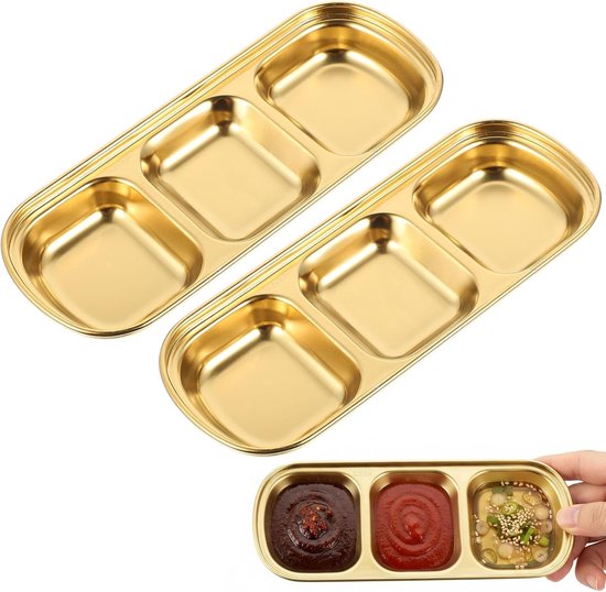 Set Aus 2 Goldenen Gewürzschalen Aus Edelstahl Mit 3 Fächern Für Soßen, Metallschalen Zum Dippen, Geeignet Für Sushi, Koreanische Beilagen Und Gewürze