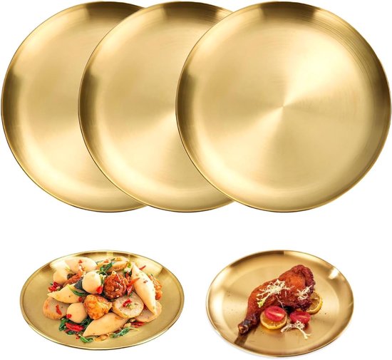 Set Aus 3 Runden, Goldfarbenen Speisetellern (23 Cm Durchmesser) Aus Edelstahl, Für Steak, Salat Und Dessert, Für Zuhause, Partys Und Camping.