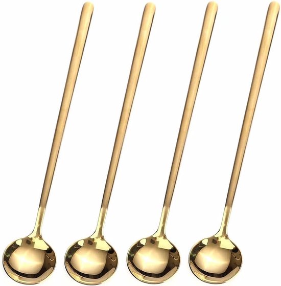 4 Lange Goldene Löffel – 17 Cm – Edelstahl 304 – Für Kaffee, Tee & Getränke