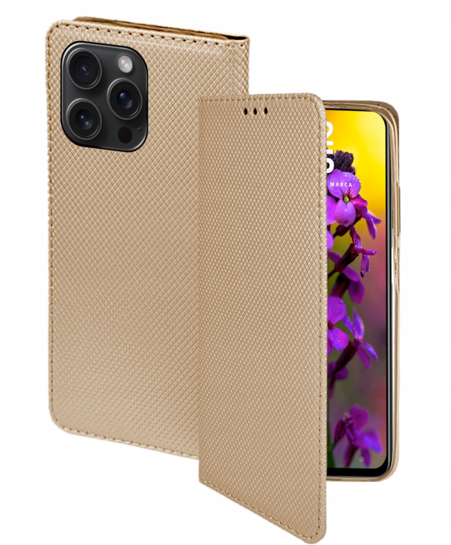 Schutzhülle Für Apple Iphone 15 Pro, Smart Magnet Book Case, Geschlossen, Gold + Glas