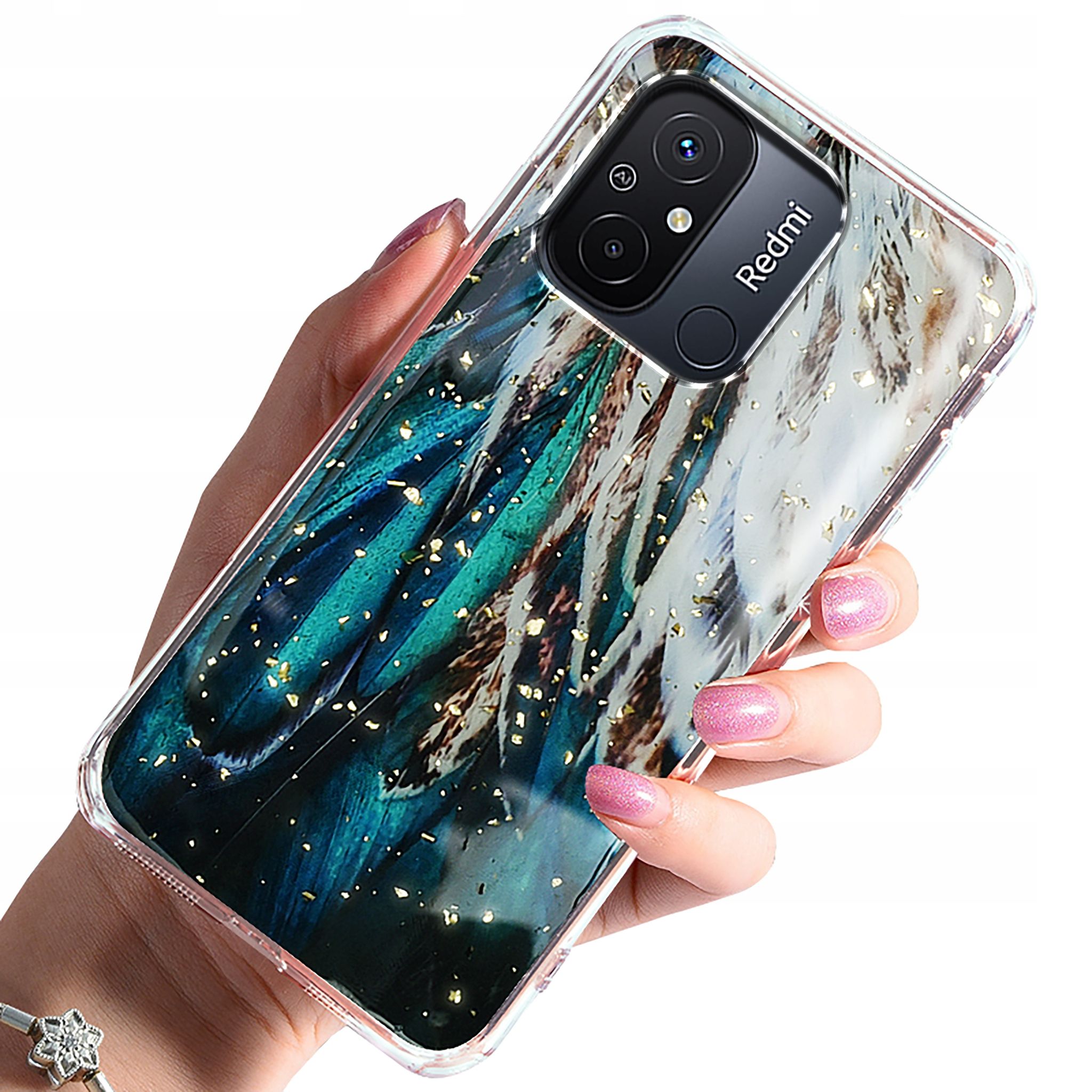 Hülle Für Xiaomi Redmi 12c/redmi 11a, Goldene, Glamouröse Federrückseite + Glas