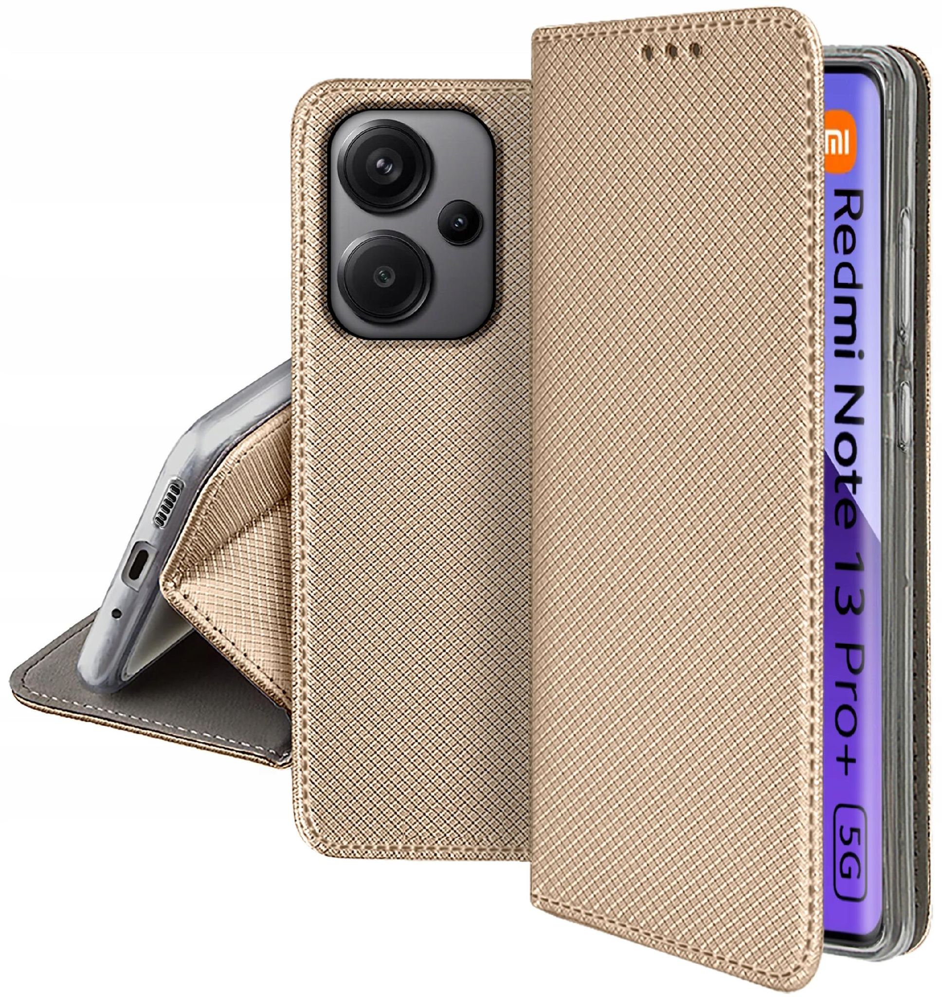 Hülle Für Xiaomi Redmi Note 13 Pro Plus 5g Smart Magnet Book Gold + Glas