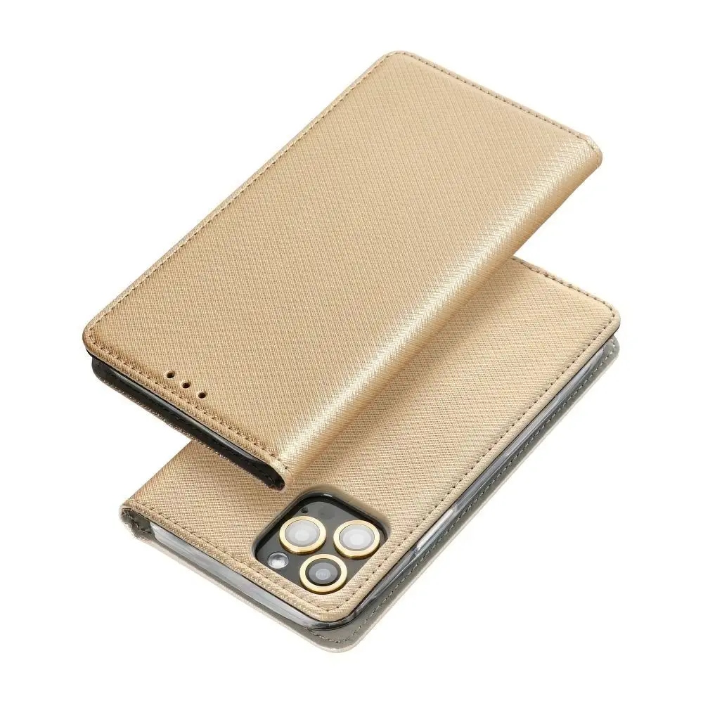 Iphone 13 Pro Hülle Geschlossen Mit Klappe, Magnet Gold + Glas