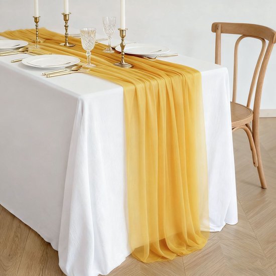 Zwei Chiffon Tischläufer, Tischdekoration Im Boho Stil Für Hochzeiten, 75 X 300 Cm Gold