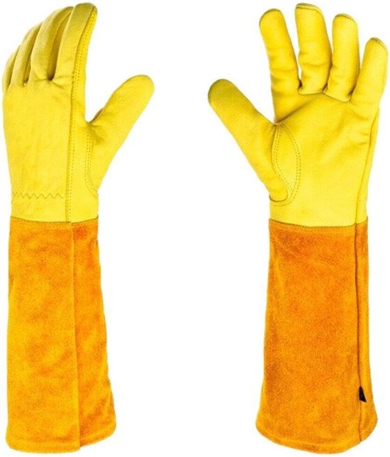 Lange, Ellenbogenlange Gartenhandschuhe – Dornenschutz – Rindsleder – Gelb – Größe L