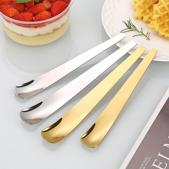 4 Dessertlöffel, Robuste Eiscremelöffel Aus Edelstahl Mit Langen Griffen, Kaffeerührer, Gold Und Silberfarbene Flache Kuchenlöffel