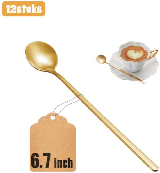 12 Teiliges Löffelset Langstielige Edelstahllöffel Für Kaffee, Honig Und Desserts Ideales Geschenk 17 Cm Gold