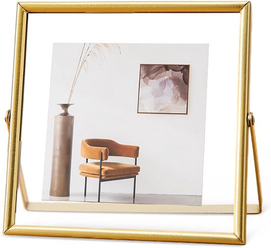 Glasfotorahmen – Doppelseitiger Rahmen – Wohndekoration – Transparentes Metall – 15 X 15 Cm – Gold