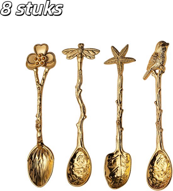 8-teiliges Set, Kaffeelöffel, Löffel, Vintage-gravur, Rührlöffel, Dessertlöffel, Marmeladenlöffel, Zinklegierung, Für Kaffee Und Desserts, Gold
