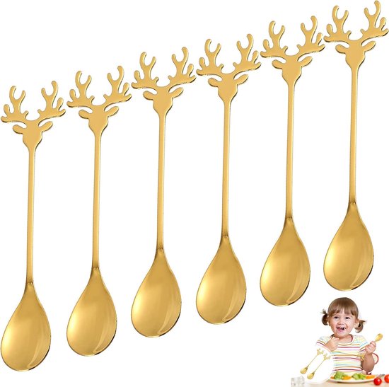 6-teiliges Set Moose Kaffeelöffel Edelstahllöffel Weihnachtslöffel Kleiner Löffel Kreativlöffel Kuchenlöffel Moose Teelöffel Tafellöffel Gold