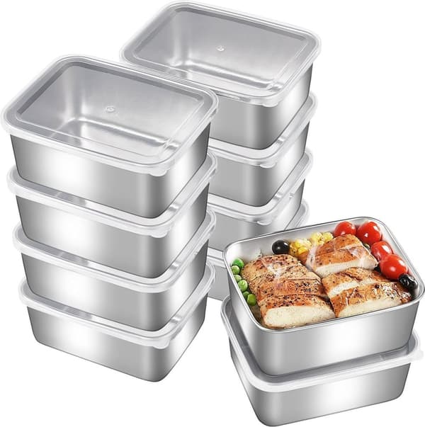 Set Mit 10 Edelstahlbehältern Mit Deckel – 500 Ml Fassungsvermögen – Geeignet Für Kühlschrank, Gefrierschrank Und Picknick – 13,5 X 10,5 X 5,5 Cm – Silber