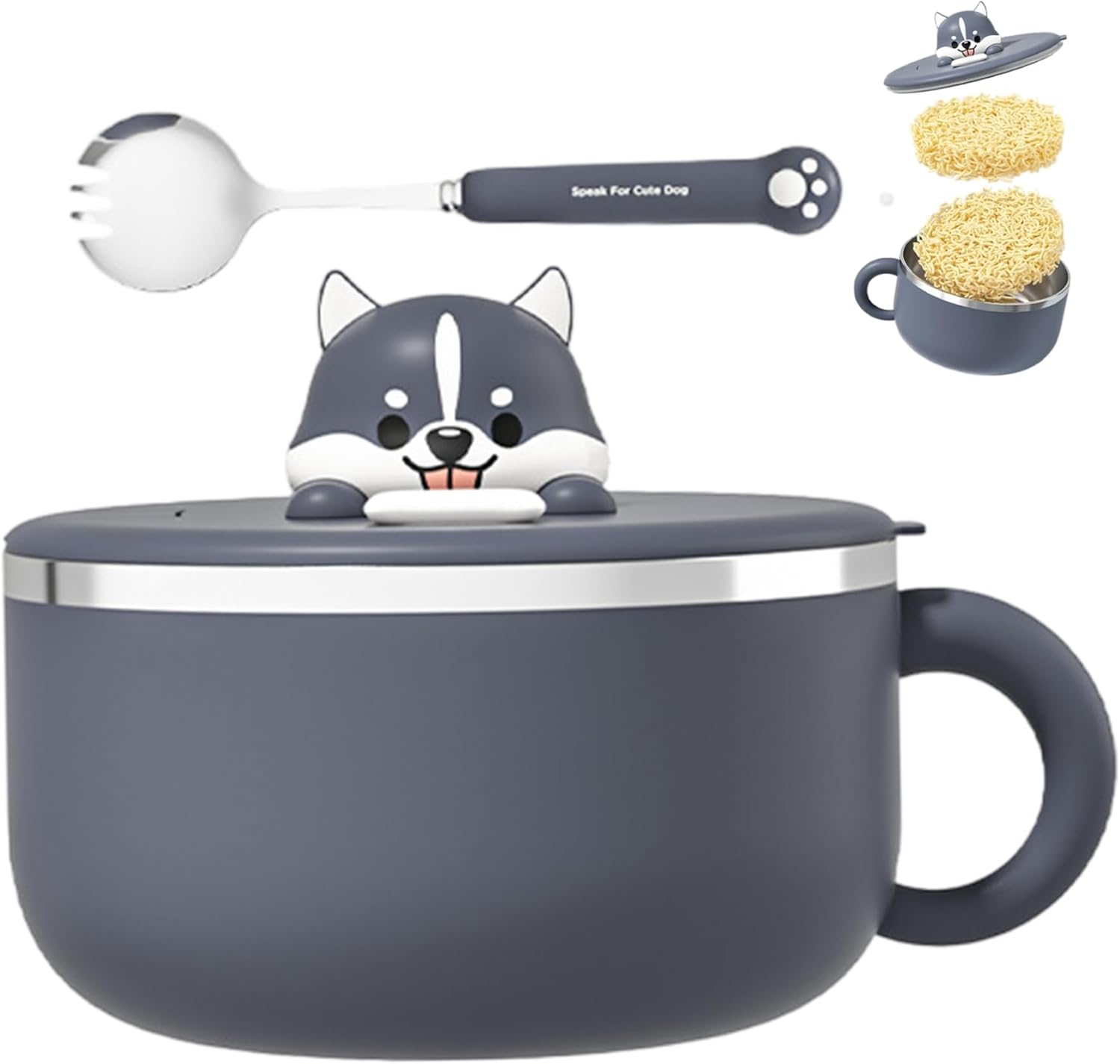 Instant Noodle Bowl With Handles, 1200ml, Cute Husky Instant Ramen Bowl With Lid And Spoon, 304 Stainless Steel Ramen Cooker For Soup, Noodles