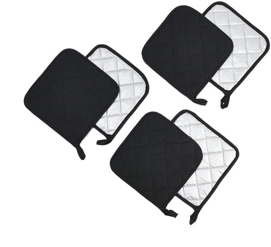 6 Teiliges Topflappen Set, Hitzebeständig, Aus Frottee, Zum Kochen Und Backen Grau + Schwarz 18 X 18 Cm