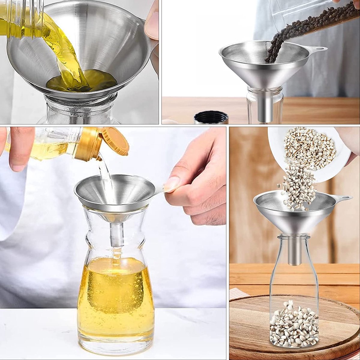Edelstahl-trichter-set – 3 Küchentrichter Aus Metall (ø 7,5 Cm/5,5 Cm/4,5 Cm) – Inklusive Reinigungsbürste – Zum Befüllen Und Ausgießen – Silber – 4-teiliges Set