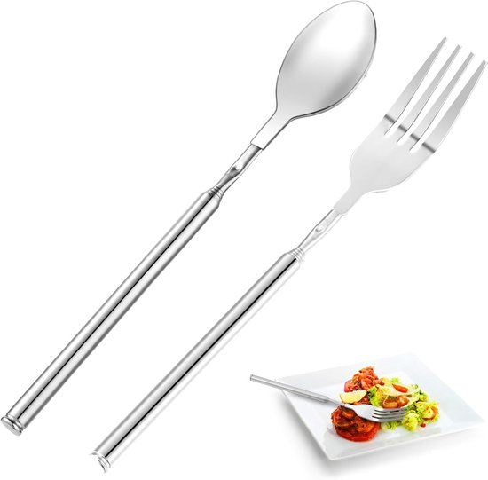 2 Teiliges Besteckset Tafelgabel Bestecklöffel Ausziehbare Gabel Für Grillabende, Abendessen, Obst Und Desserts 22 Cm 64,5 Cm Silber