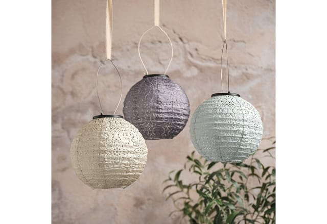 3er Set Scandi Tyvek Solar-Lampions in Flieder, Blau & Cremeweiß