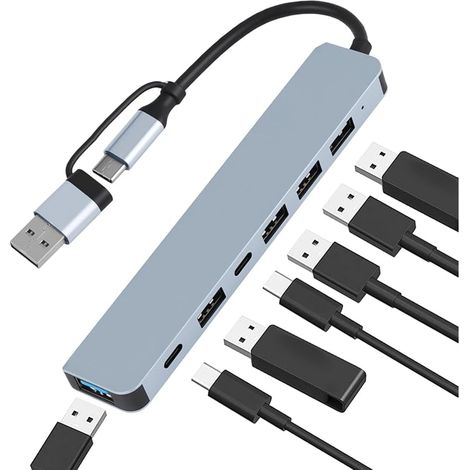 7-in-1 Dual-head-usb-hub-adapter Mit Usb-a- Und Usb-c-anschlüssen, 1 X Usb 3.0, 4 X Usb 2.0 Und 2 X Usb-c-datenanschlüssen, High-speed-usb-multiport Für Computer, Tablets Und Smartphones