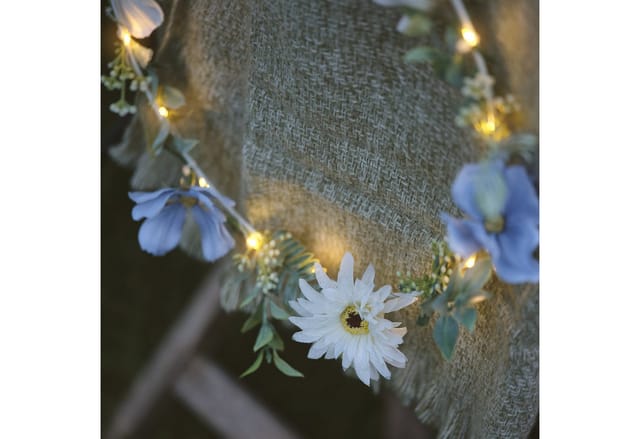 Weißer & blauer LED-Blumenkranz mit warmweißen Mikro-LEDs & Timer