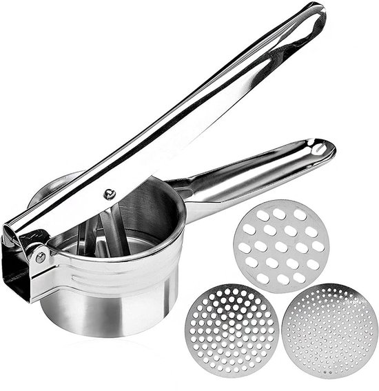 Dailygoody Kartoffelstampfer Manuelle Kartoffelpresse 3 Austauschbare Scheiben Silber Für Gemüse Und Obst Für Babynahrung Spülmaschinenfest...