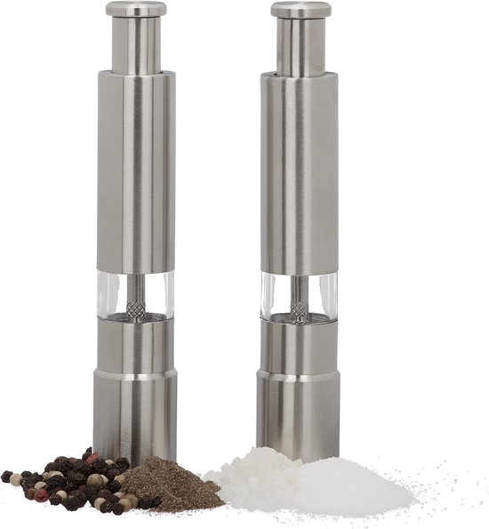 Manuelle Pfeffermühle, 2er Set, Edelstahl, Handlich, Gewürzmühle Für Unterwegs, Mit Druckknopf, Silber